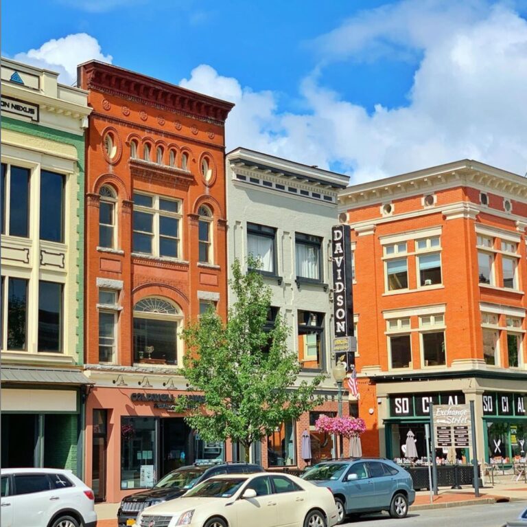 Buildings in Downtown Glens Falls with a blue sky