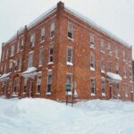 Brick building in the snow