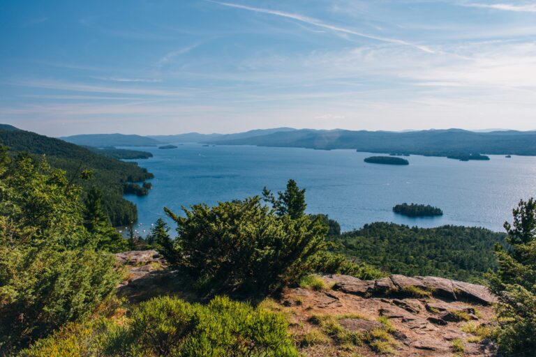 Looking out over a gorgeous scenic vista onto lake george and its islands.