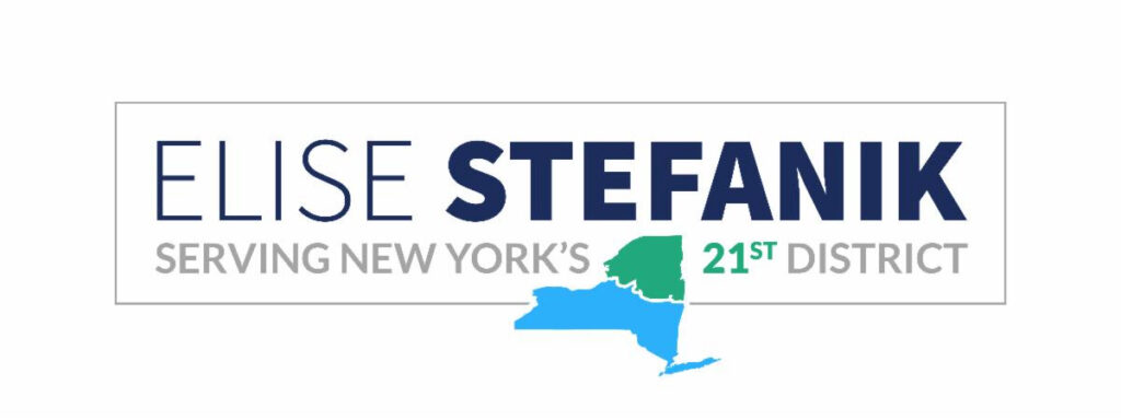 Text "Elise Stefanik serving New York's 21st District" with blue image of NY state with 21st district in green